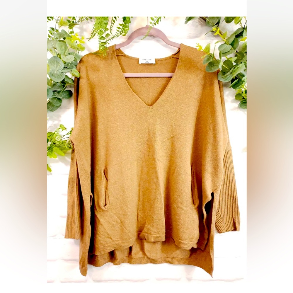 BABATON ARITZIA BAYLOR SWEATER S/M CAMEL WOOL LINEN PULLOVER with Pockets!
